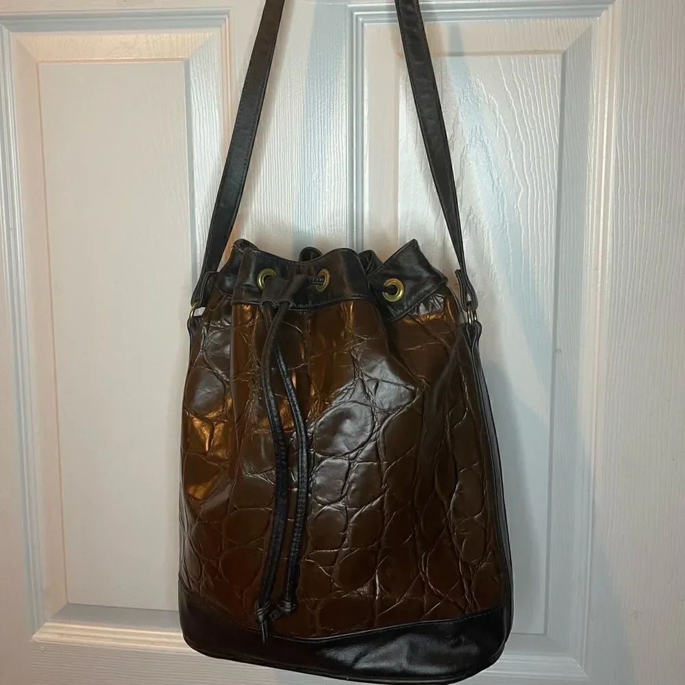 Brown croc prints black trims vegan leather bucket style drawstring shoulder bag